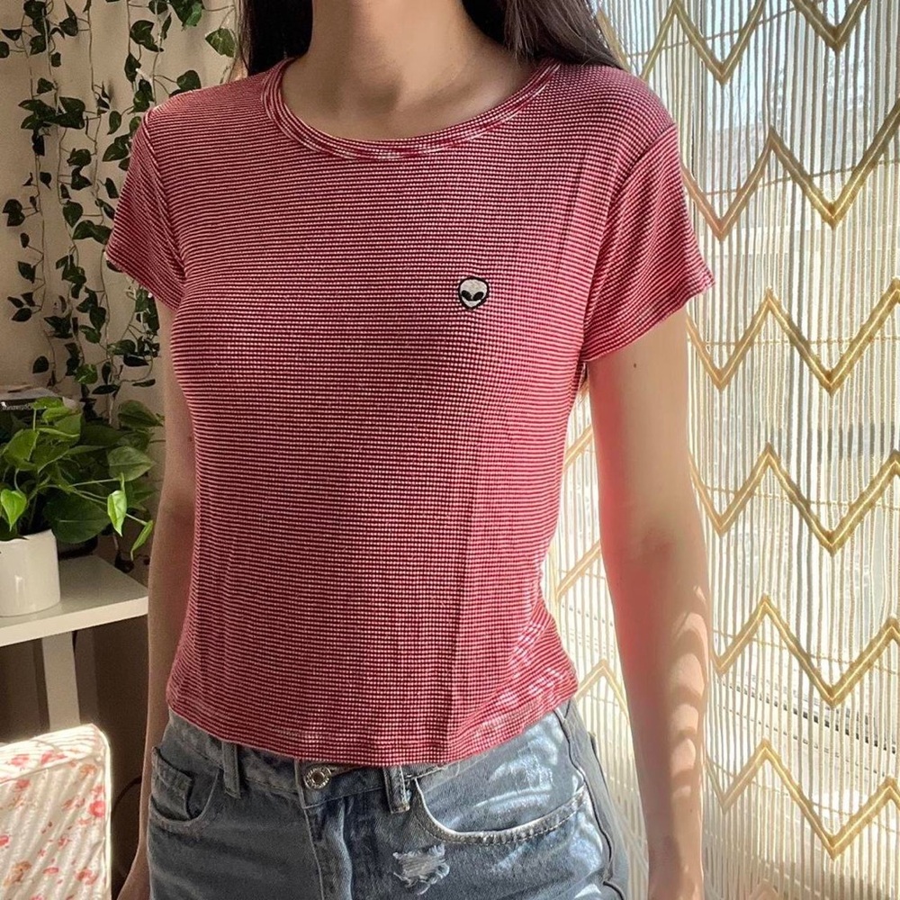 Red White Stripe Ribbed Alien Patch Brandy Melville Top